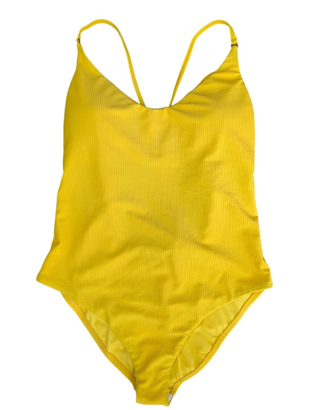 Lucky Brand Yellow Ribbed One-Piece Swimsuit Slimming Cross Back Strap Size XL